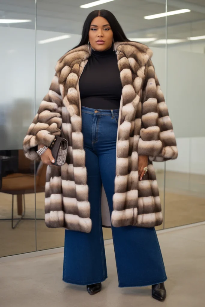 Plus Size Faux Coat and Wide Leg Jeans Winter Outfit