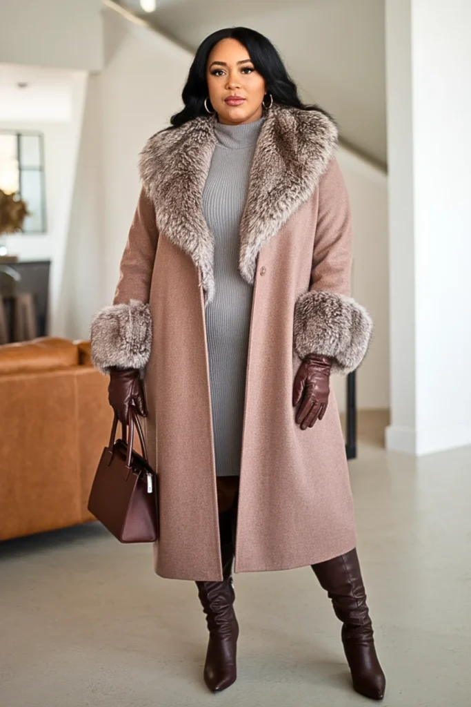 Plus Size Faux Fur Collar Coat Winter Outfit