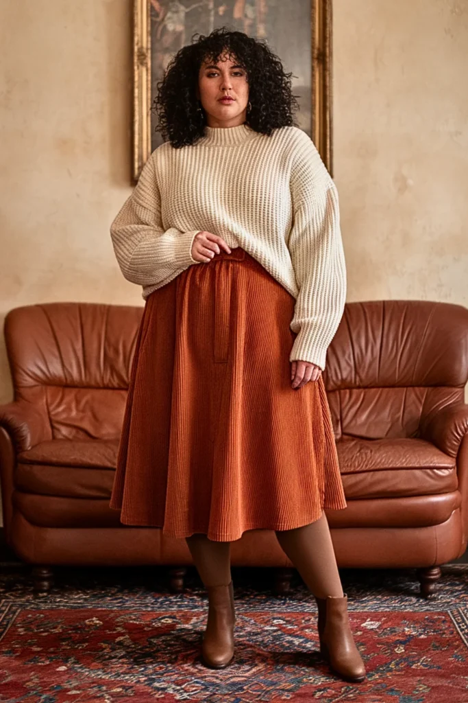 Plus Size Fisherman Sweater Corduroy Skirt Winter Outfit