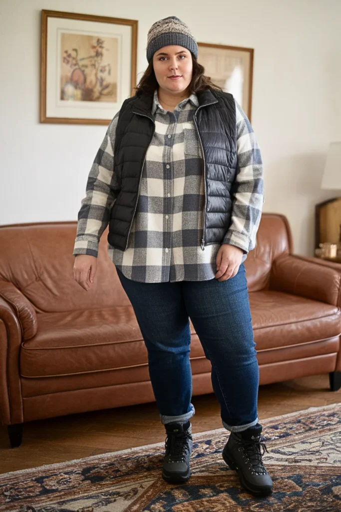 Plus Size Flannel Shirt Vest Combination Winter Outfit