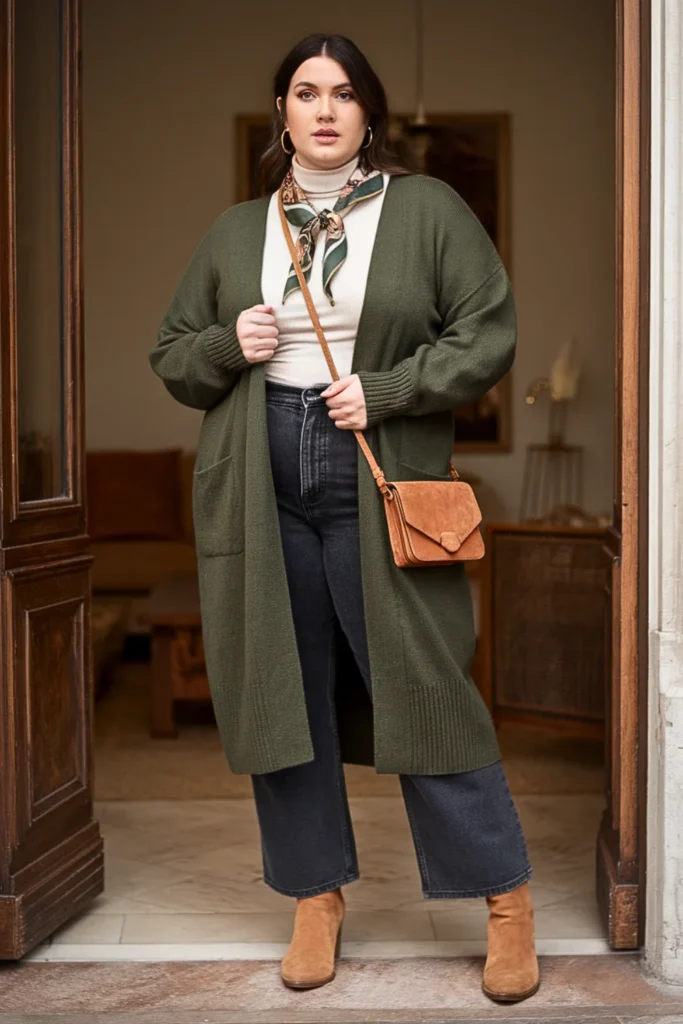 Plus Size Forest Green Cardigan Winter Layered Look