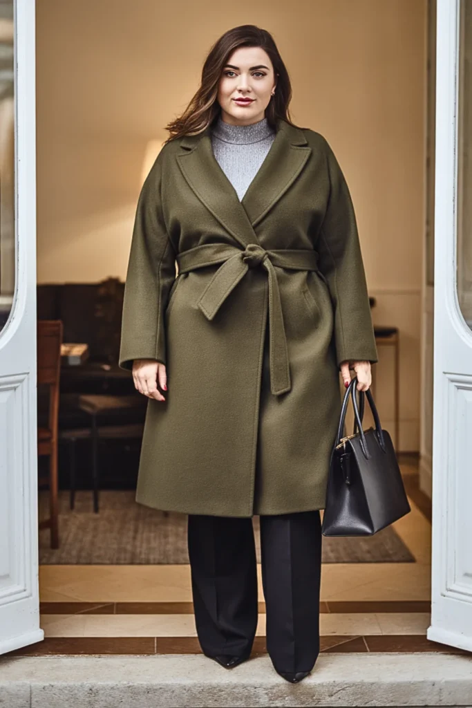 Plus Size Forest Green Wool Wrap Coat Winter Outfit