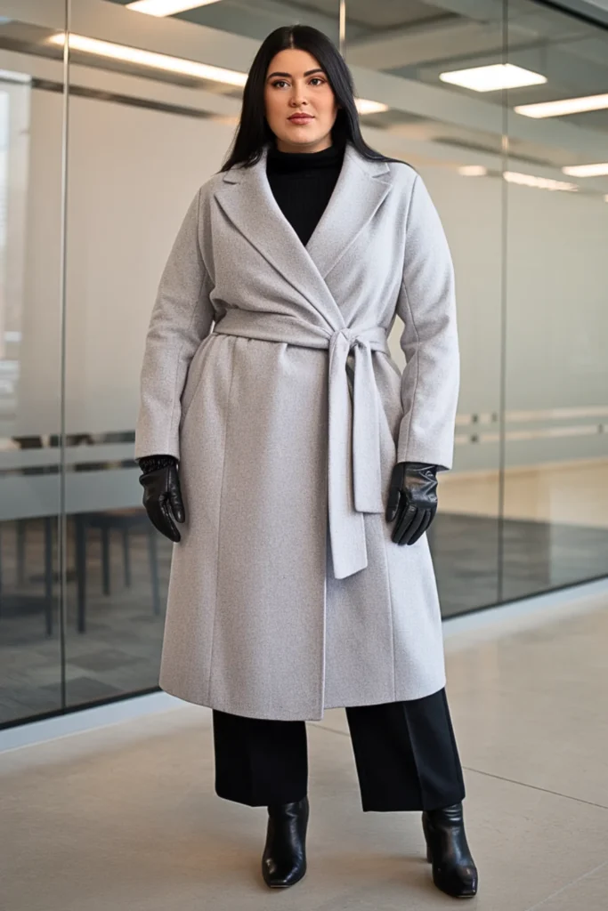 Plus Size Gray Wool Wrap Coat Winter Outfit