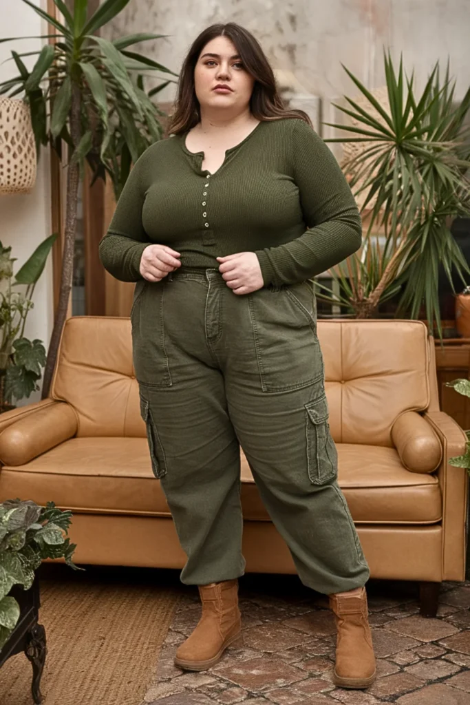 Plus Size Henley Shirt Cargo Pants Winter Outfit