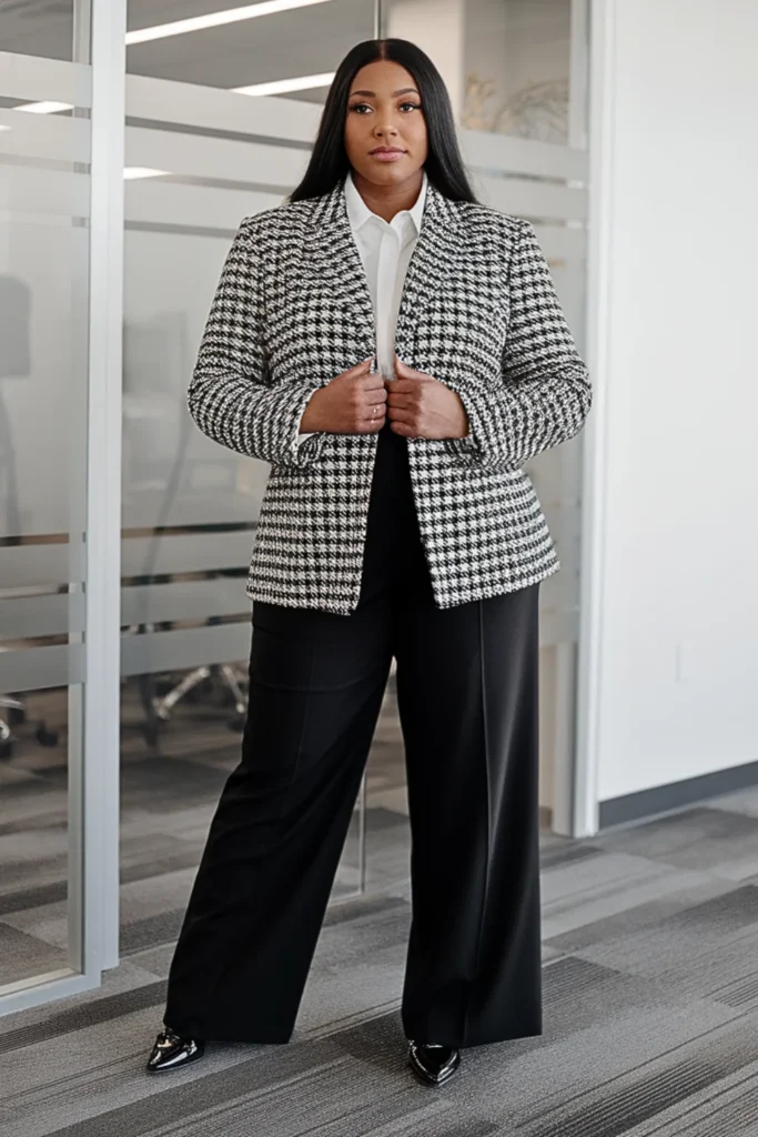 Plus Size Houndstooth Print Jacket Winter Outfit
