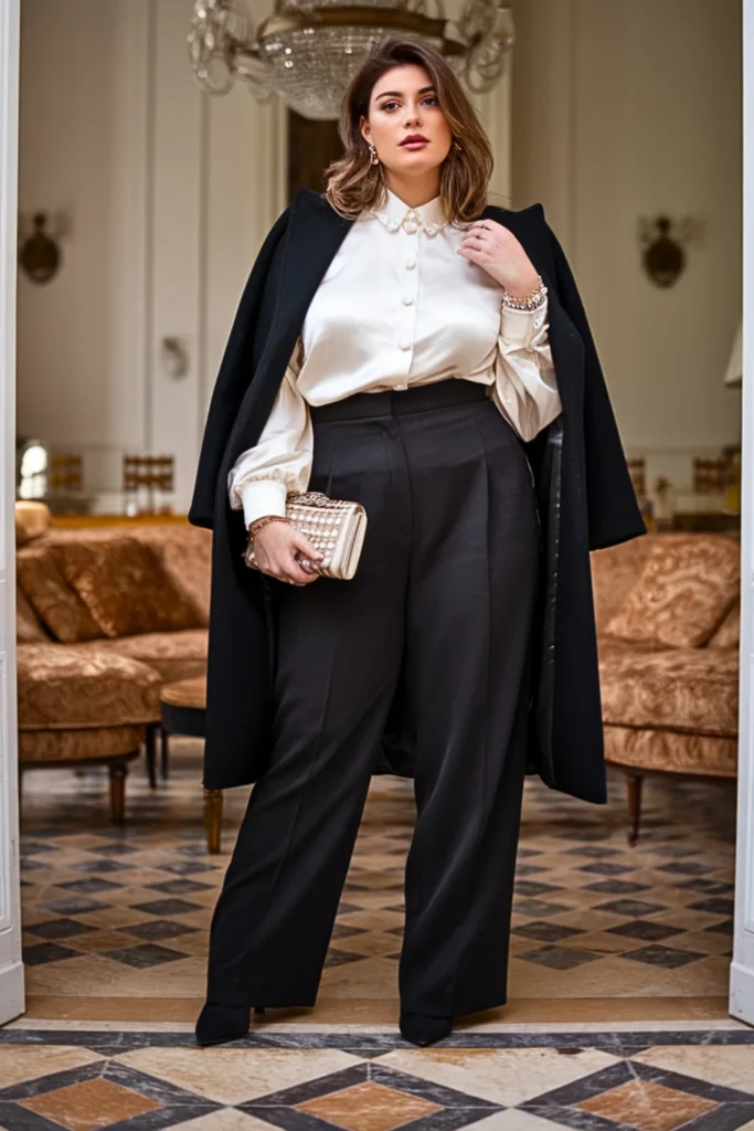 Plus Size Ivory Silk Blouse Winter Theater Outfit