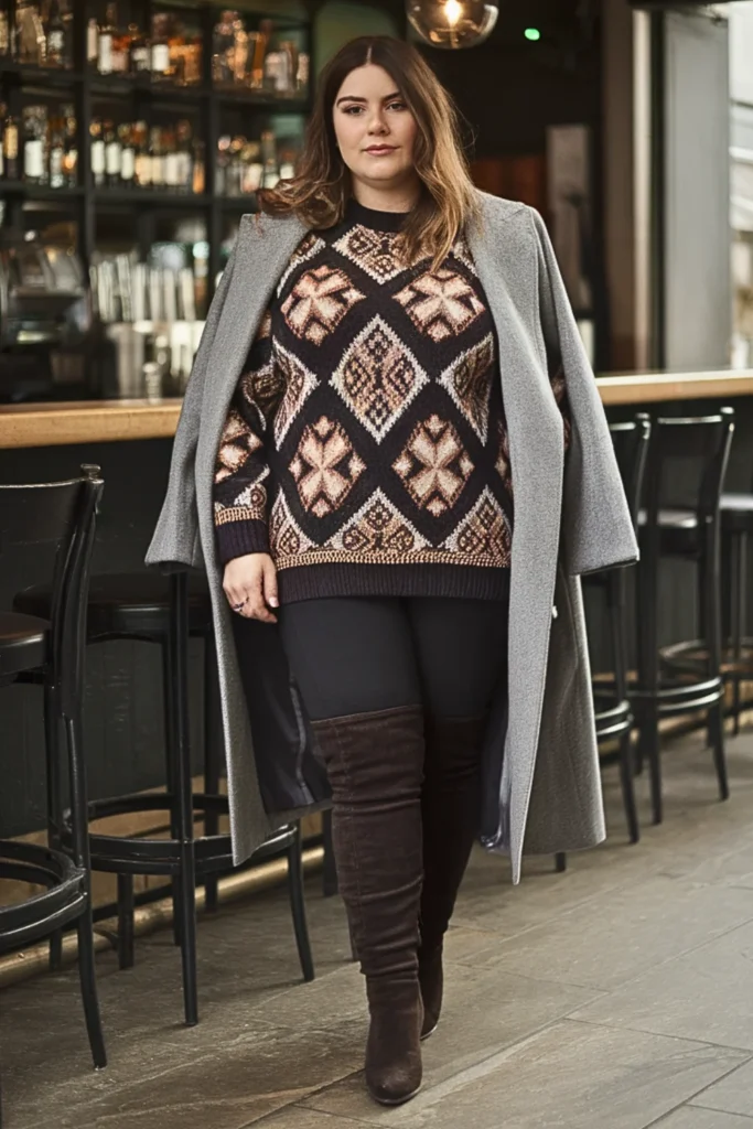 Plus Size Jacquard Sweater Winter Outfit