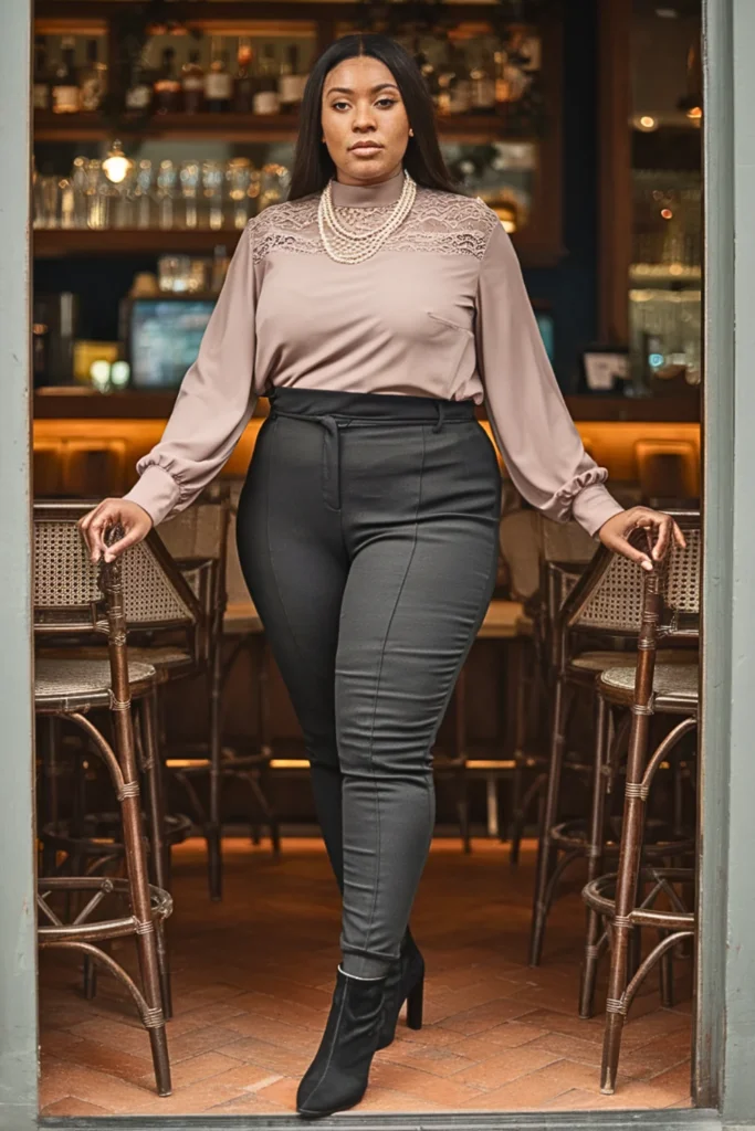 Plus Size Lace Insert Blouse Winter Outfit