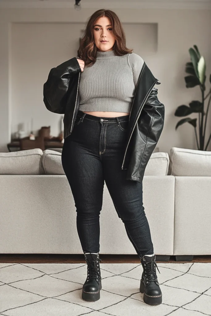 Plus Size Leather Jacket Cropped Sweater Winter Outfit