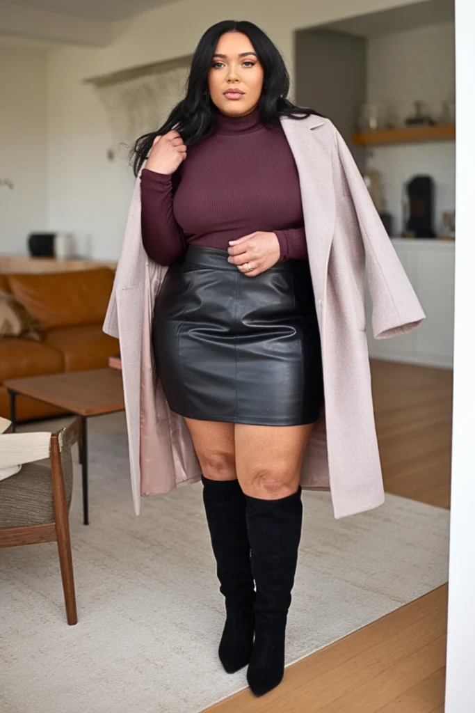 Plus Size Leather Skirt Turtleneck Winter Outfit