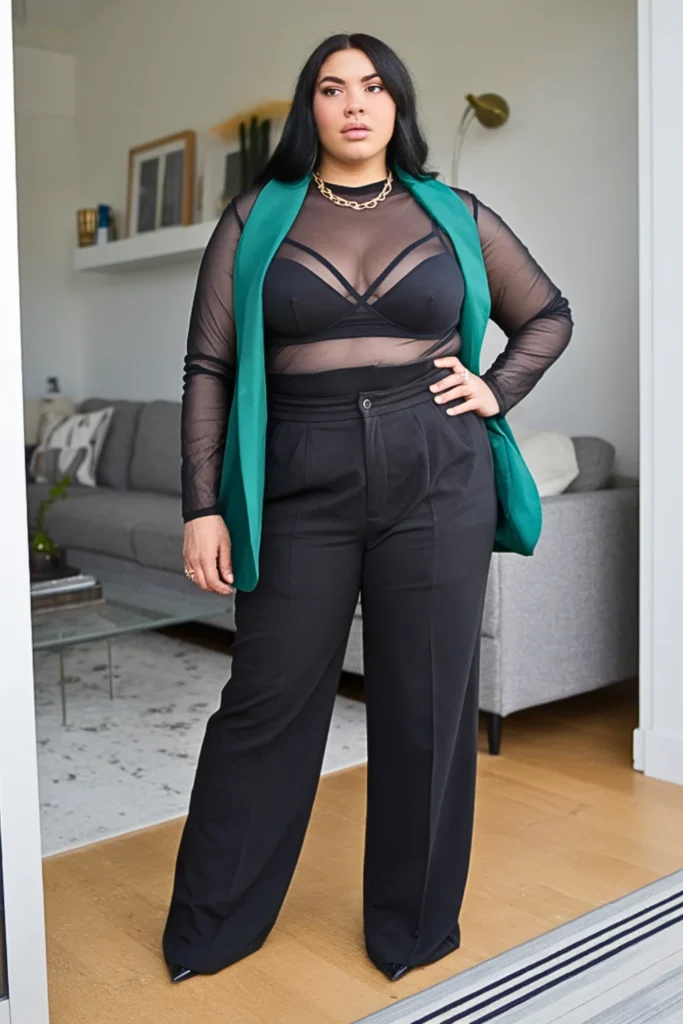 Plus Size Mesh Top Blazer Winter Outfit