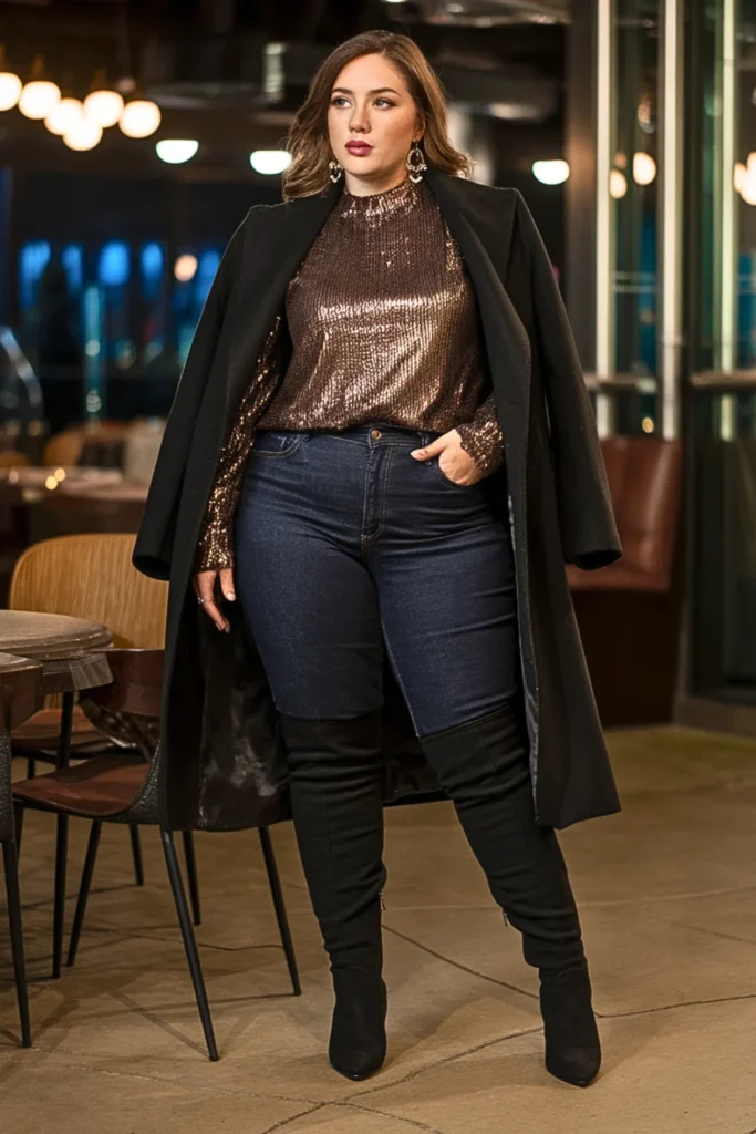 Plus Size Metallic Sequin Top Winter Outfit