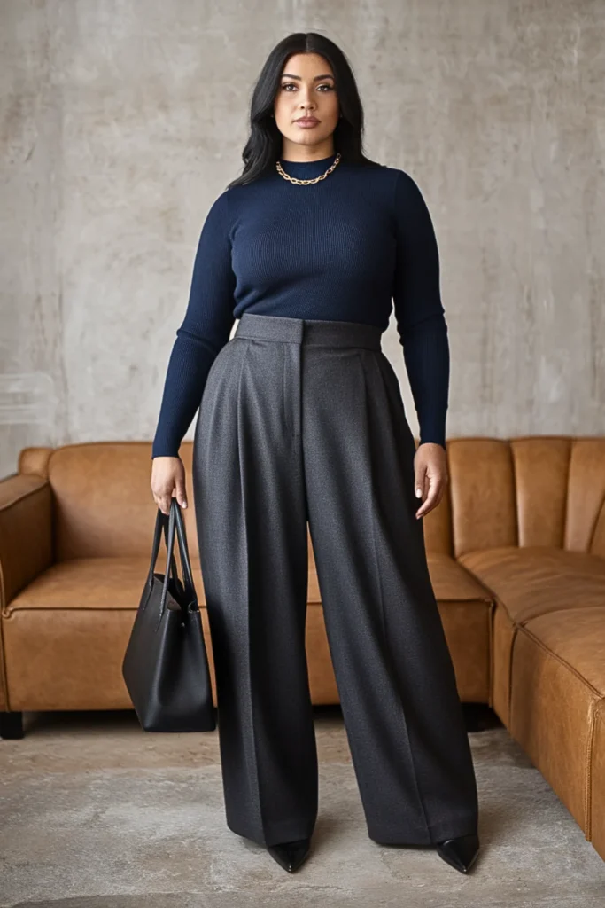 Plus Size Mock Neck Sweater Wide Leg Trousers Winter Outfit
