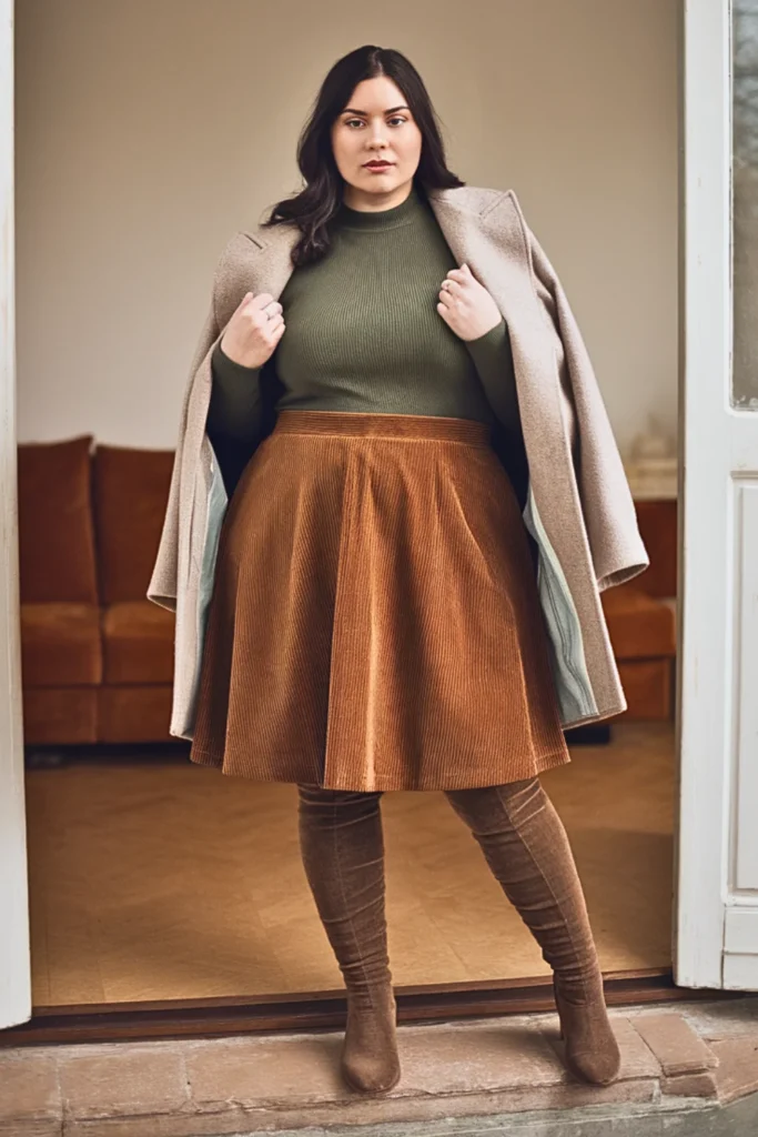 Plus Size Mock Neck Sweater and Corduroy A-Line Skirt Winter Outfit