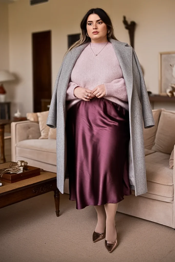Plus Size Mohair Sweater and Satin Maxi Skirt Winter Outfit