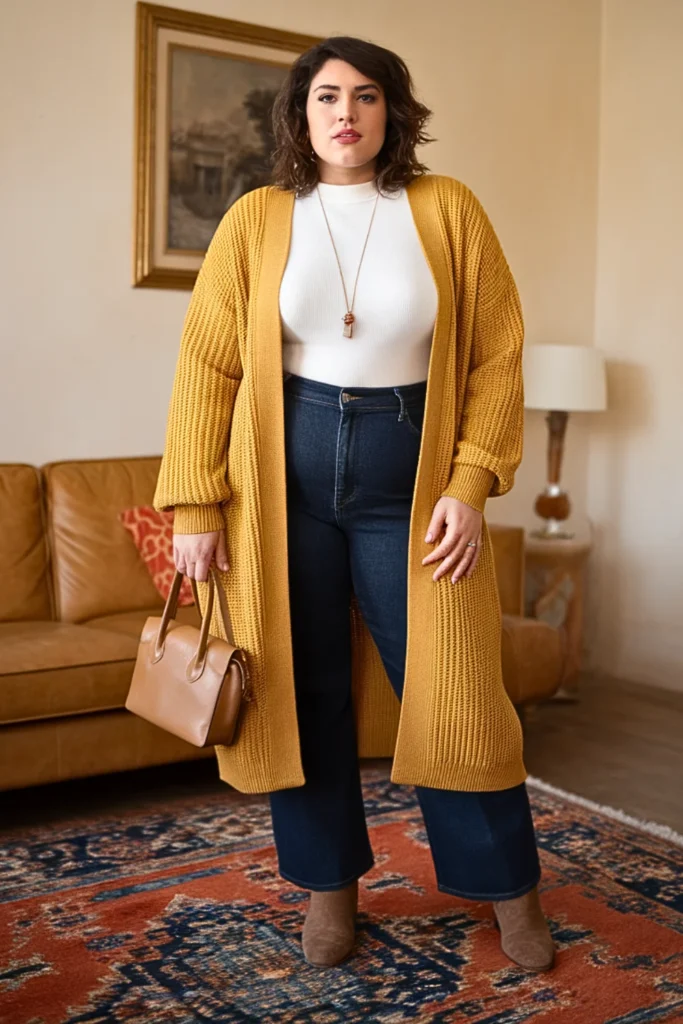 Plus Size Mustard Yellow Cardigan Winter Weekend Look