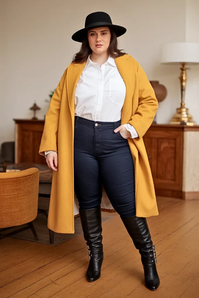 Plus Size Mustard Yellow Wool Coat Winter Outfit