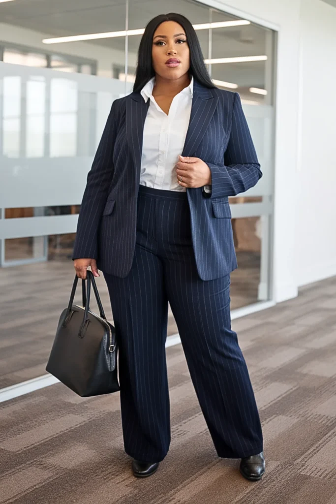 Plus Size Navy Pinstripe Suit Winter Outfit