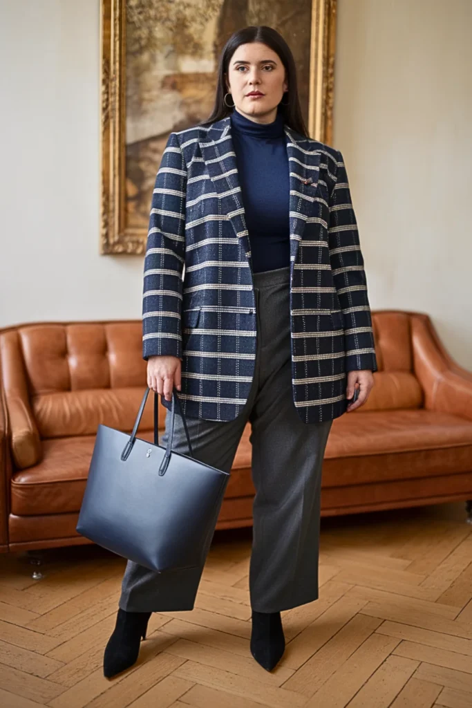 Plus Size Navy Plaid Wool Blazer Winter Outfit
