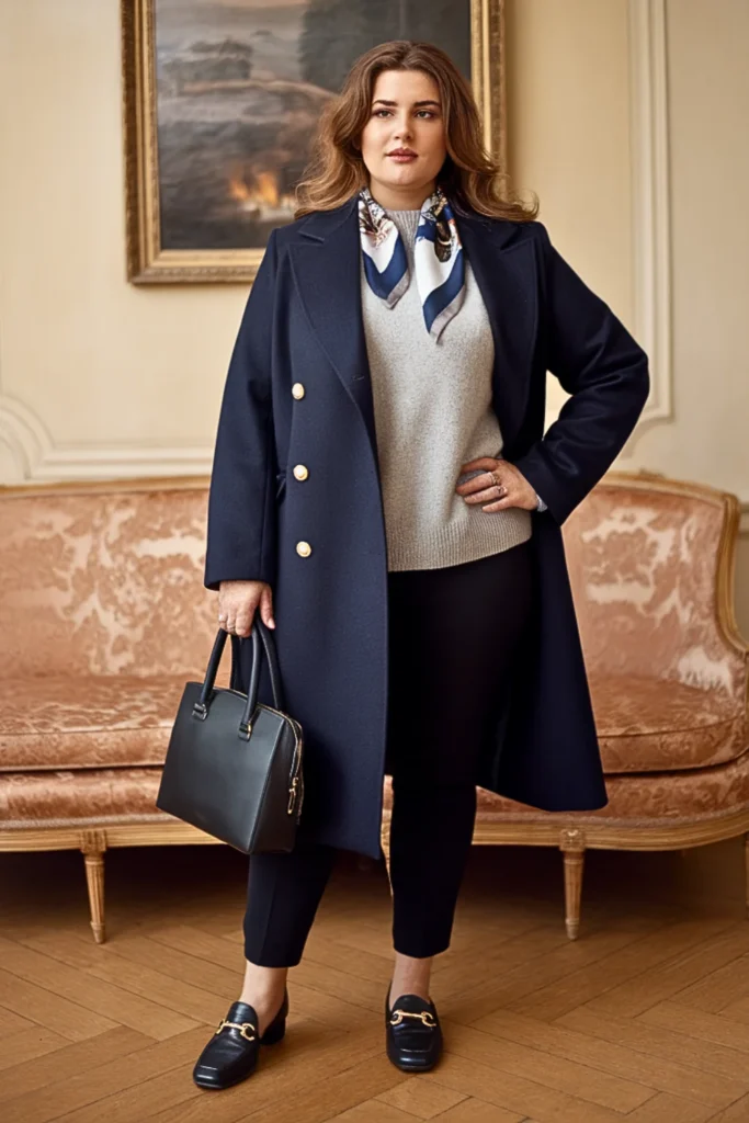 Plus Size Navy Wool Coat Layered Winter Ensemble