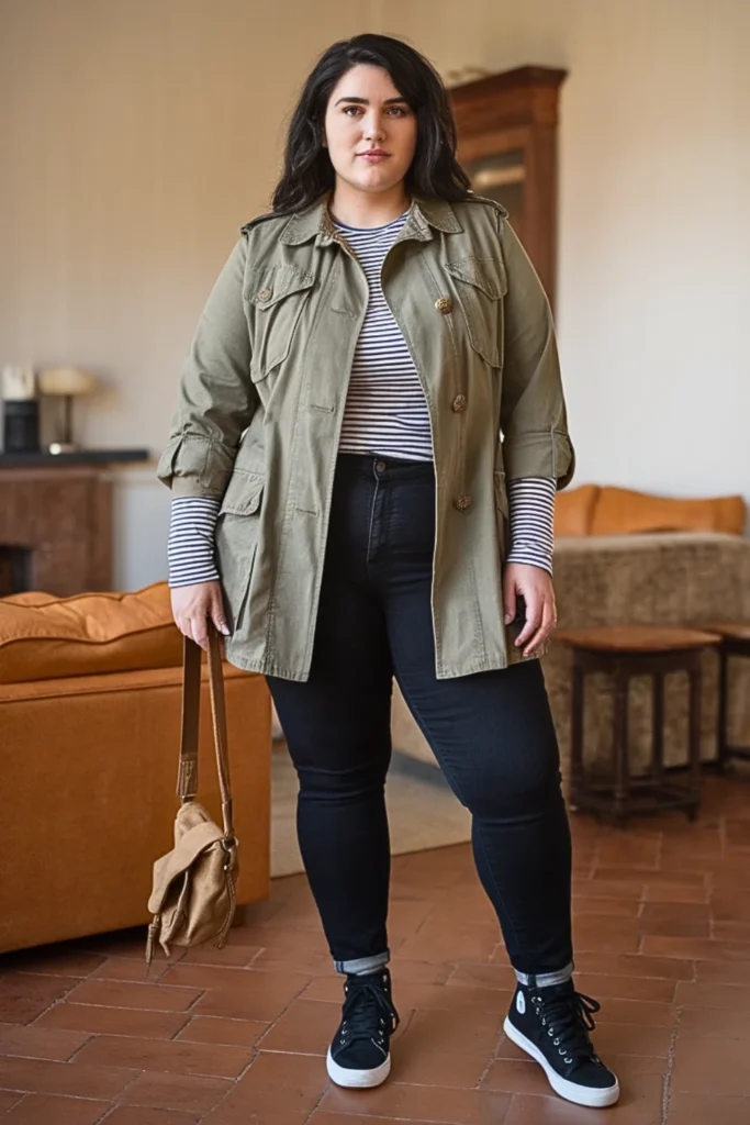 Plus Size Olive Green Military Jacket Winter Outfit