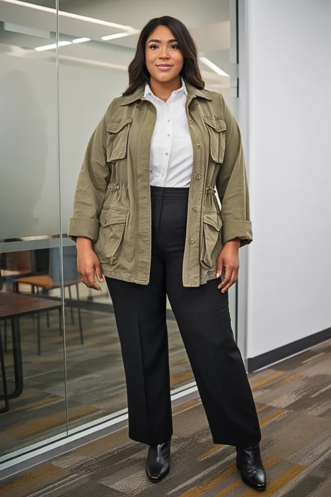 Plus Size Olive Green Utility Jacket Winter Outfit