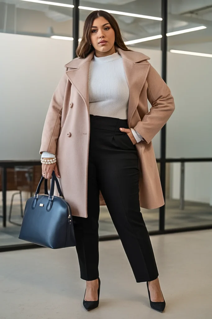 Plus Size Pea Coat and Pencil Pants Winter Outfit