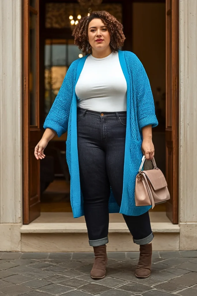 Plus Size Peacock Blue Cardigan Winter Volunteer Outfit