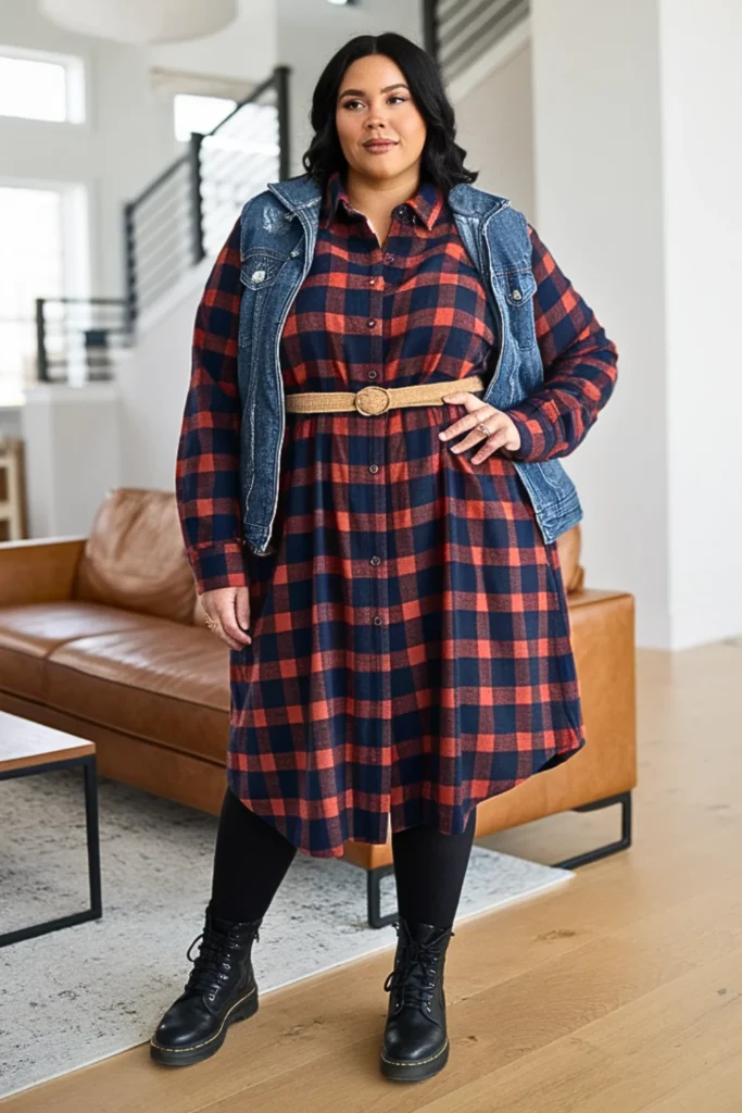Plus Size Plaid Shirt Dress Winter Outfit