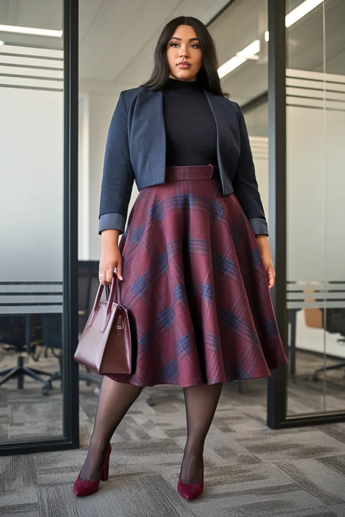 Plus Size Plaid Skirt Winter Work Outfit