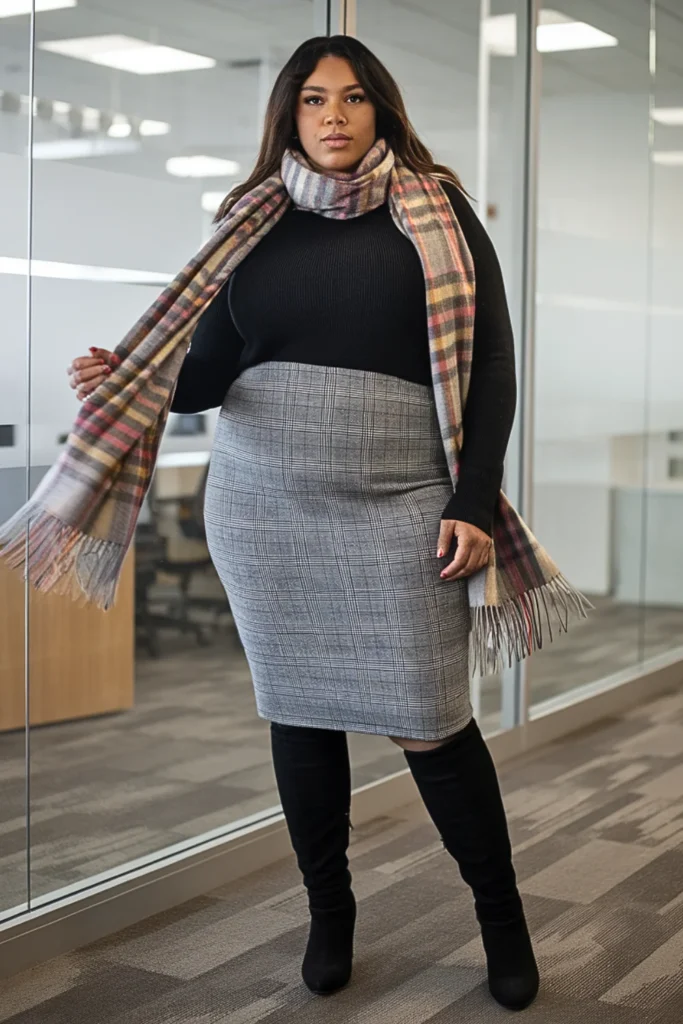 Plus Size Plaid Wool Pencil Skirt Winter Outfit