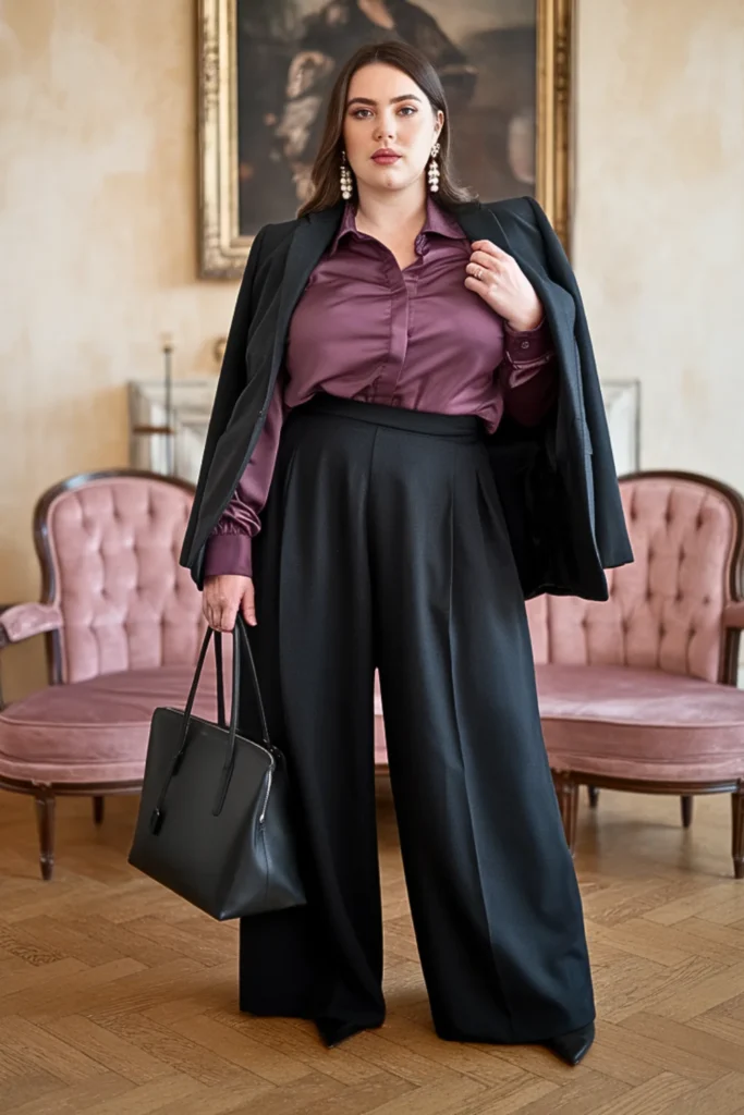 Plus Size Plum Satin Blouse Office Winter Outfit