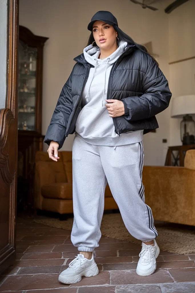 Plus Size Puffer Jacket Sporty Winter Outfit