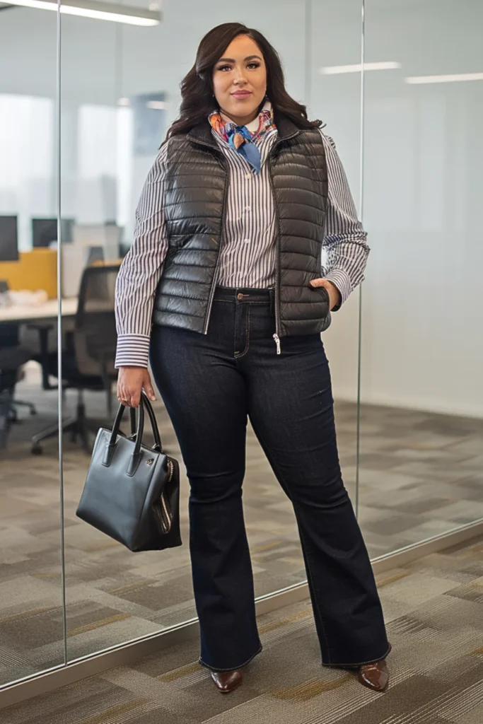 Plus Size Puffer Vest and Button Down Shirt Winter Outfit