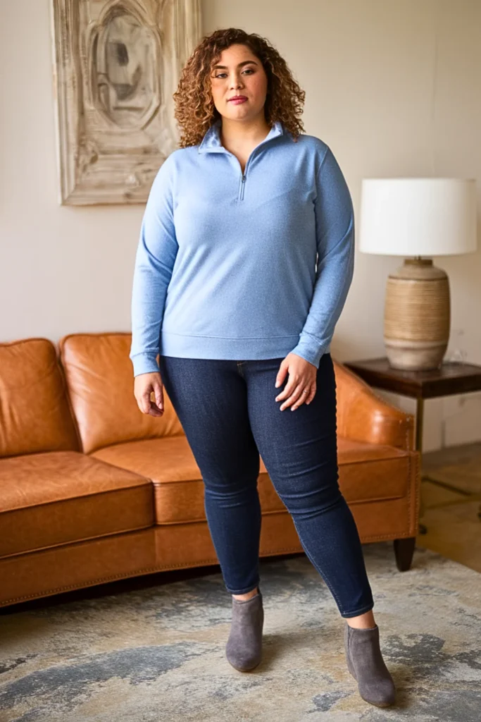 Plus Size Quarter-Zip Pullover Jeggings Winter Outfit