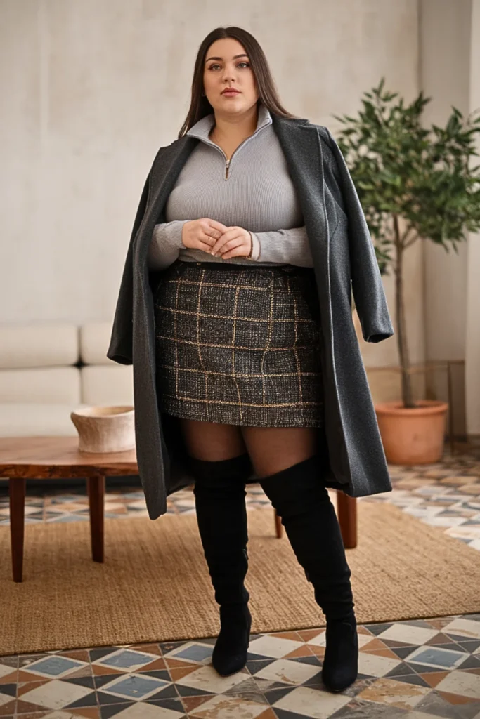 Plus Size Quarter Zip Sweater and Tweed Mini Skirt Winter Outfit