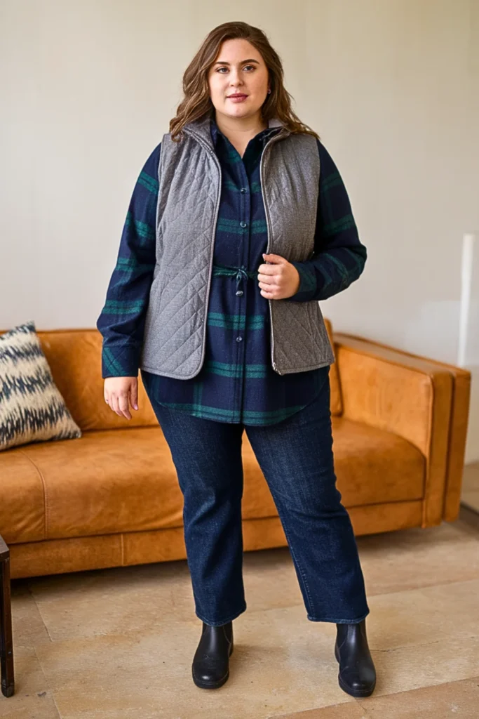 Plus Size Quilted Vest Layered Plaid Shirt Winter Outfit