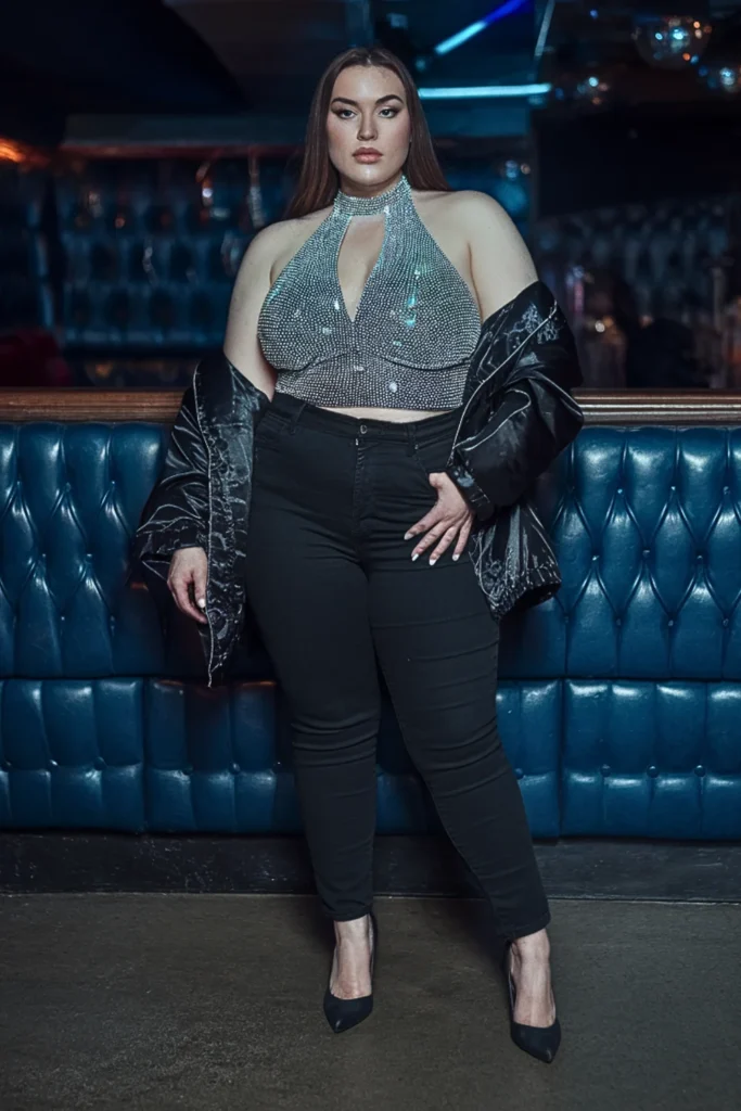 Plus Size Rhinestone Halter Top Winter Night Club Outfit