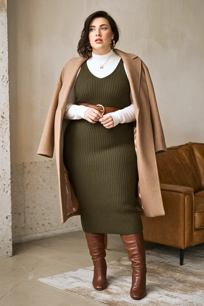 Plus Size Ribbed Knit Dress Layered Winter Outfit
