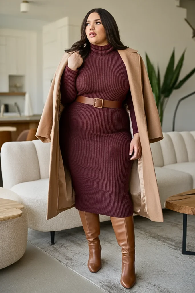 Plus Size Ribbed Turtleneck Midi Winter Outfit