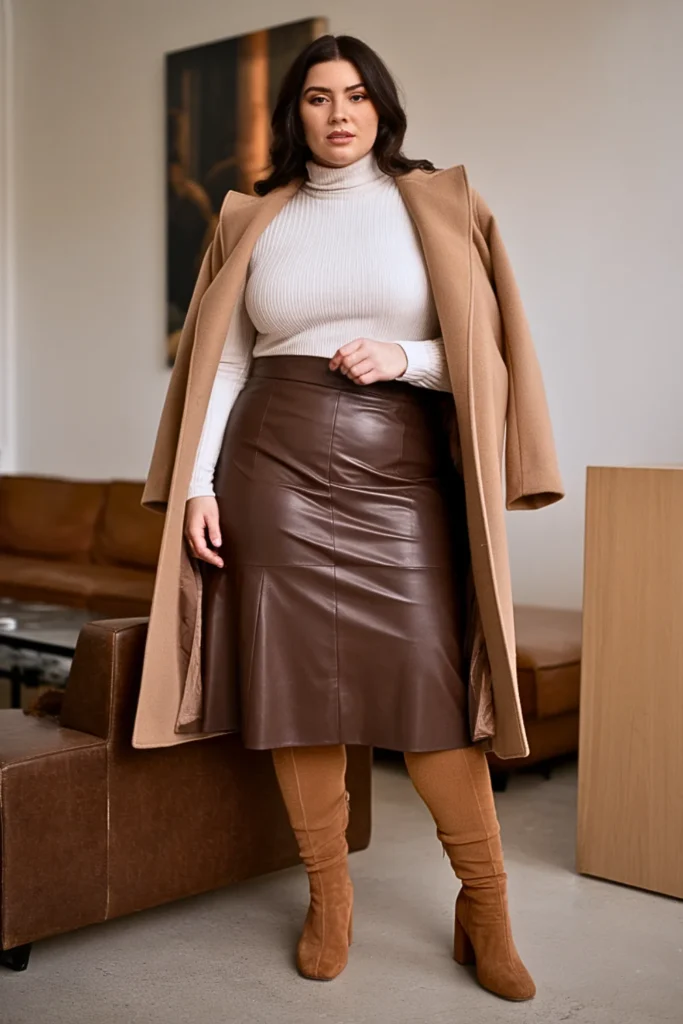 Plus Size Ribbed Turtleneck and Leather Midi Skirt Winter Outfit