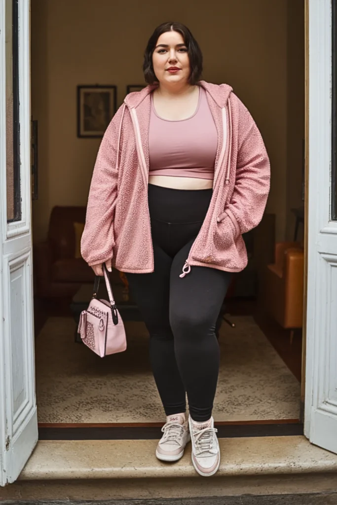 Plus Size Rose Pink Fleece Hoodie Winter Outfit