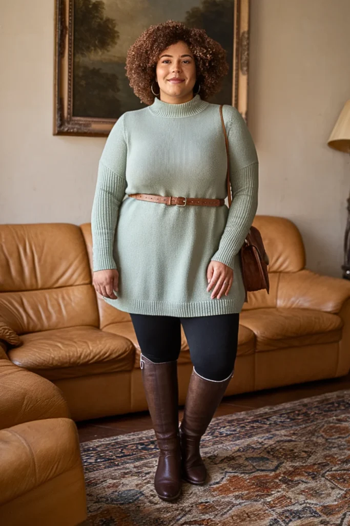 Plus Size Sage Green Knit Tunic Winter Outfit