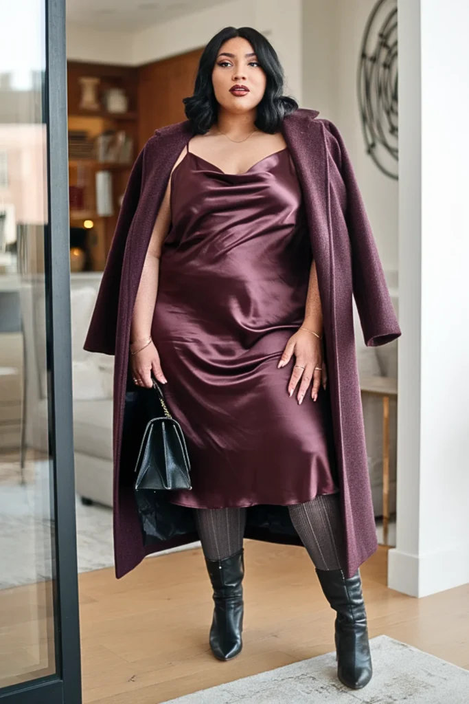 Plus Size Satin Slip Coat Winter Outfit