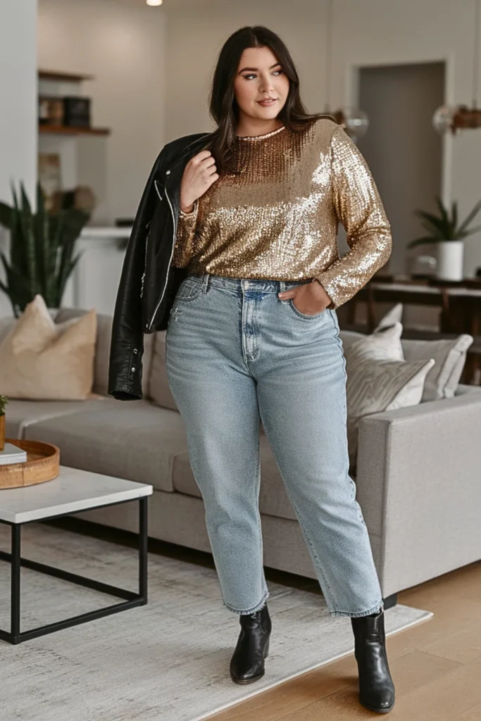 Plus Size Sequin Top Jeans Winter Outfit