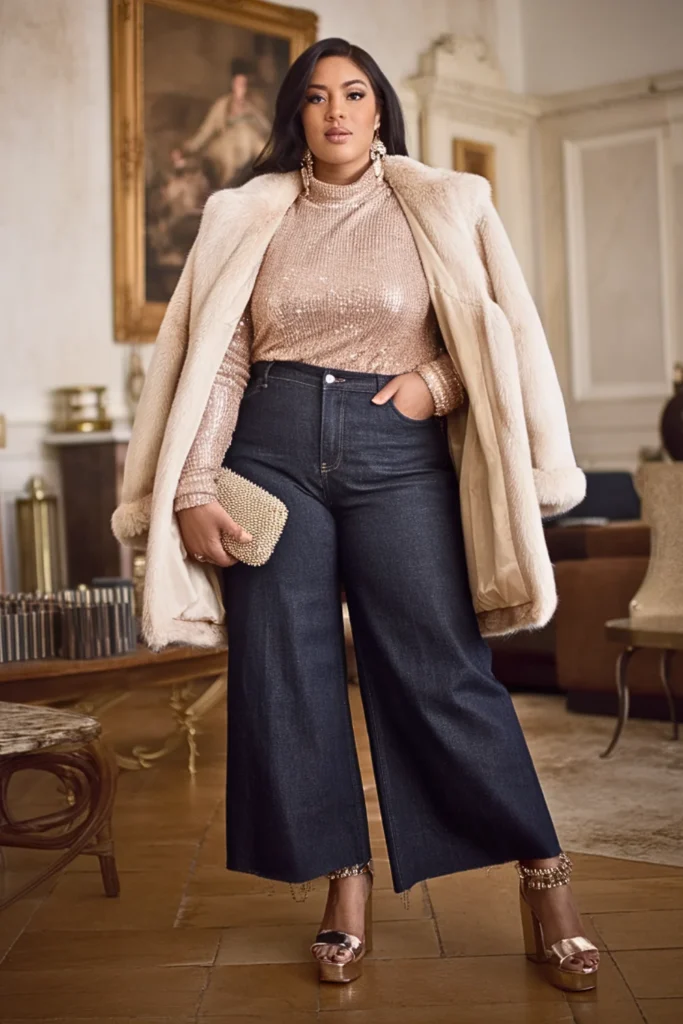 Plus Size Sequin Top and Wide Leg Jeans Winter Outfit