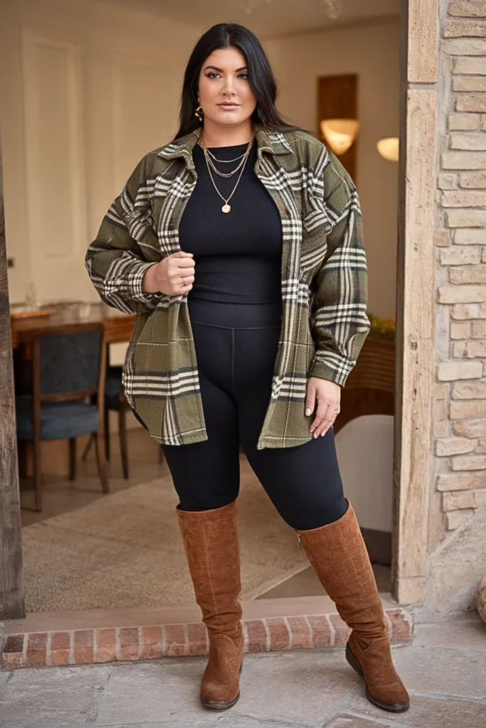 Plus Size Shacket Thermal Leggings Winter Outfit
