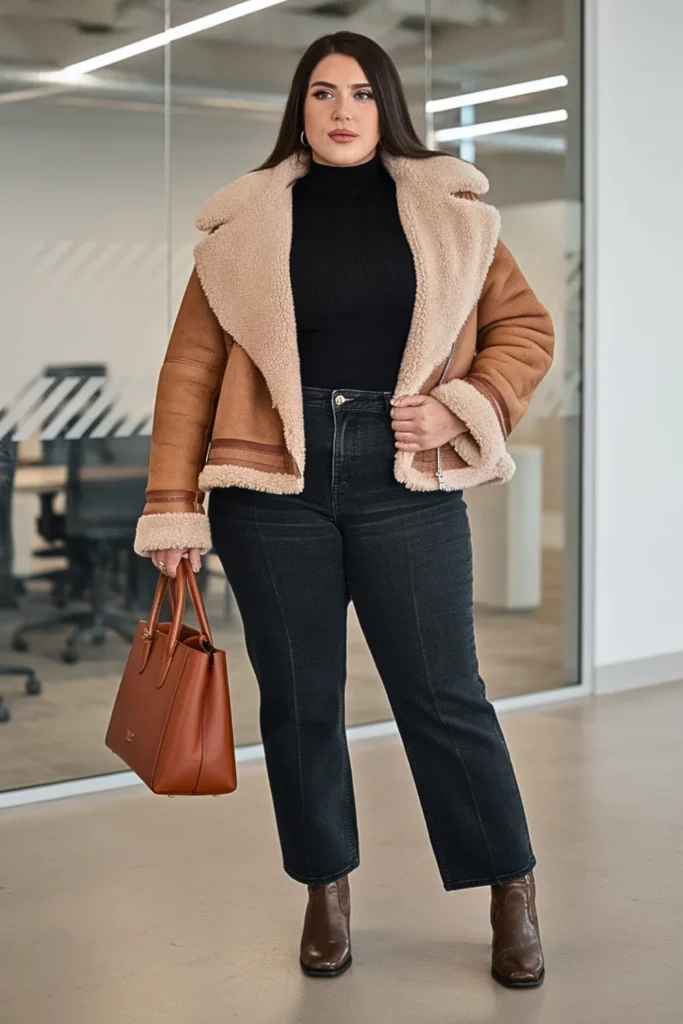 Plus Size Shearling Coat and Straight Leg Jeans Winter Outfit