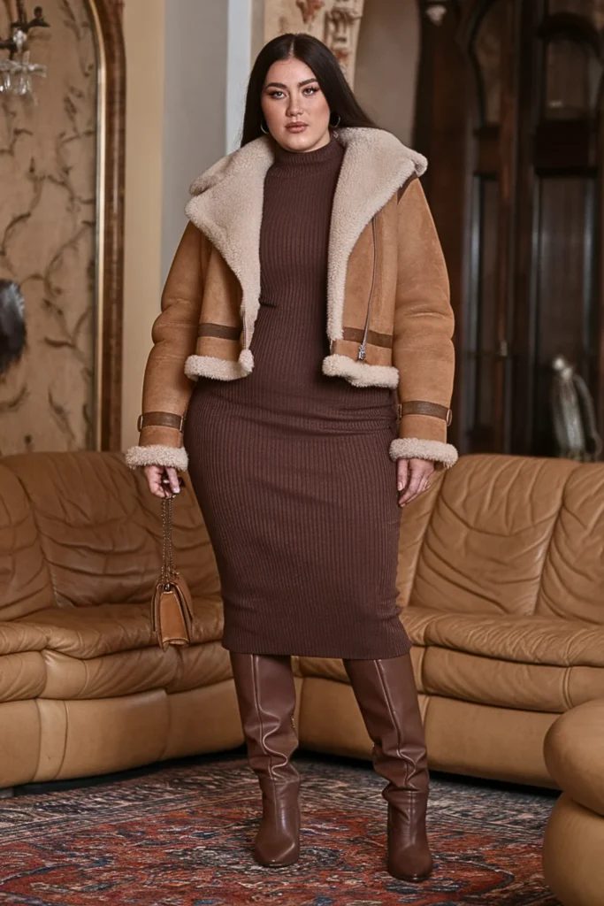 Plus Size Shearling Jacket and Knit Midi Dress Winter Outfit