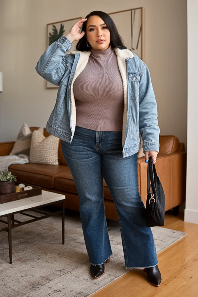 Plus Size Sherpa Lined Denim Jacket Winter Outfit